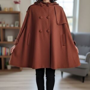 Handmade Wool Cape Coat in Warm Rust Color With Fabulous Detailing